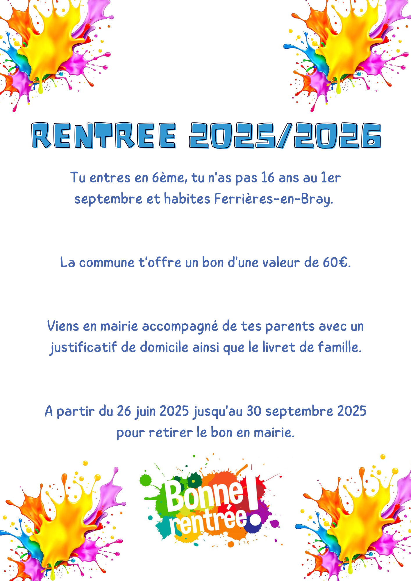 Affiche bons rentrée scolaire 2025-2026