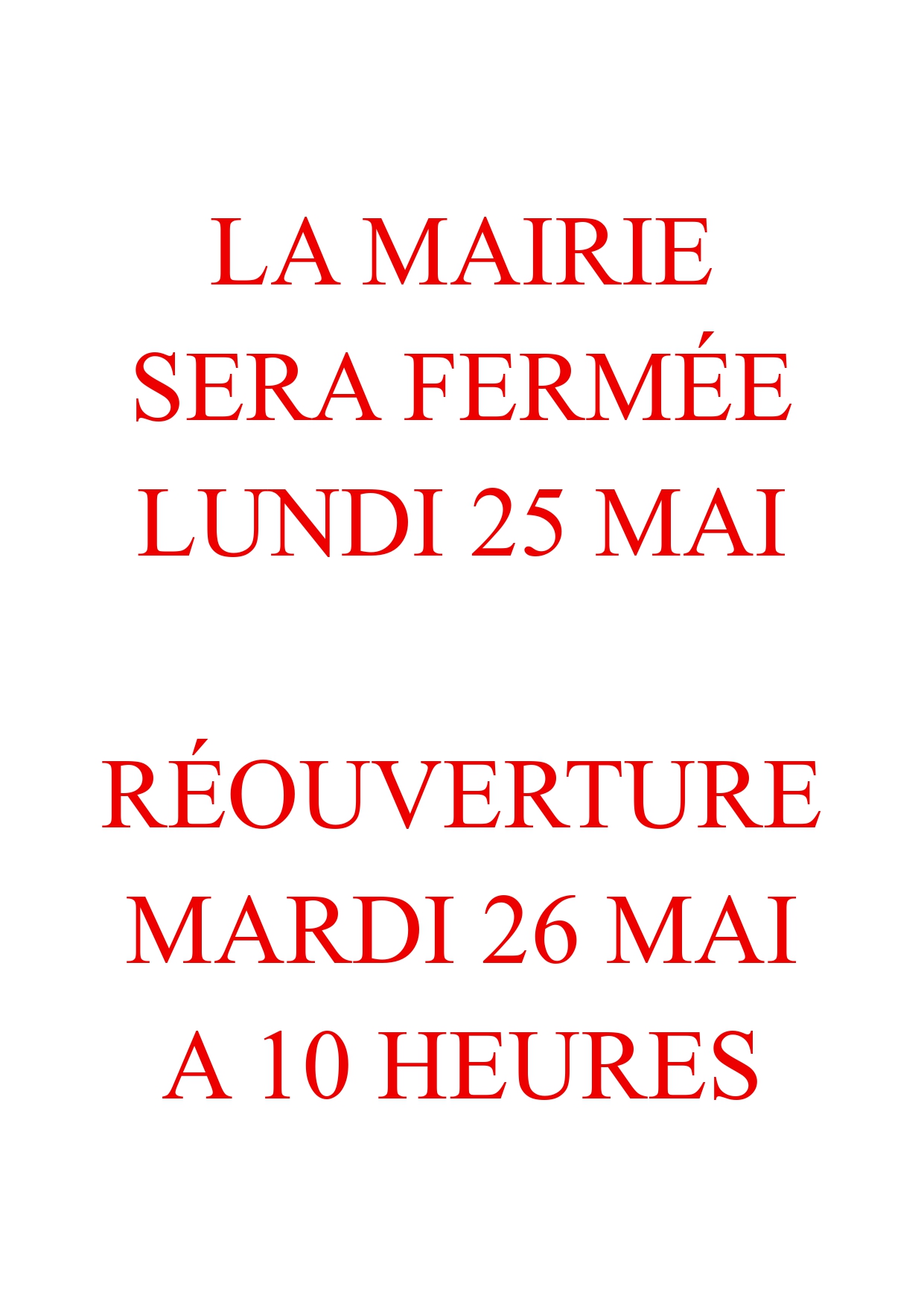 Fermeture mairie 25-05-2026