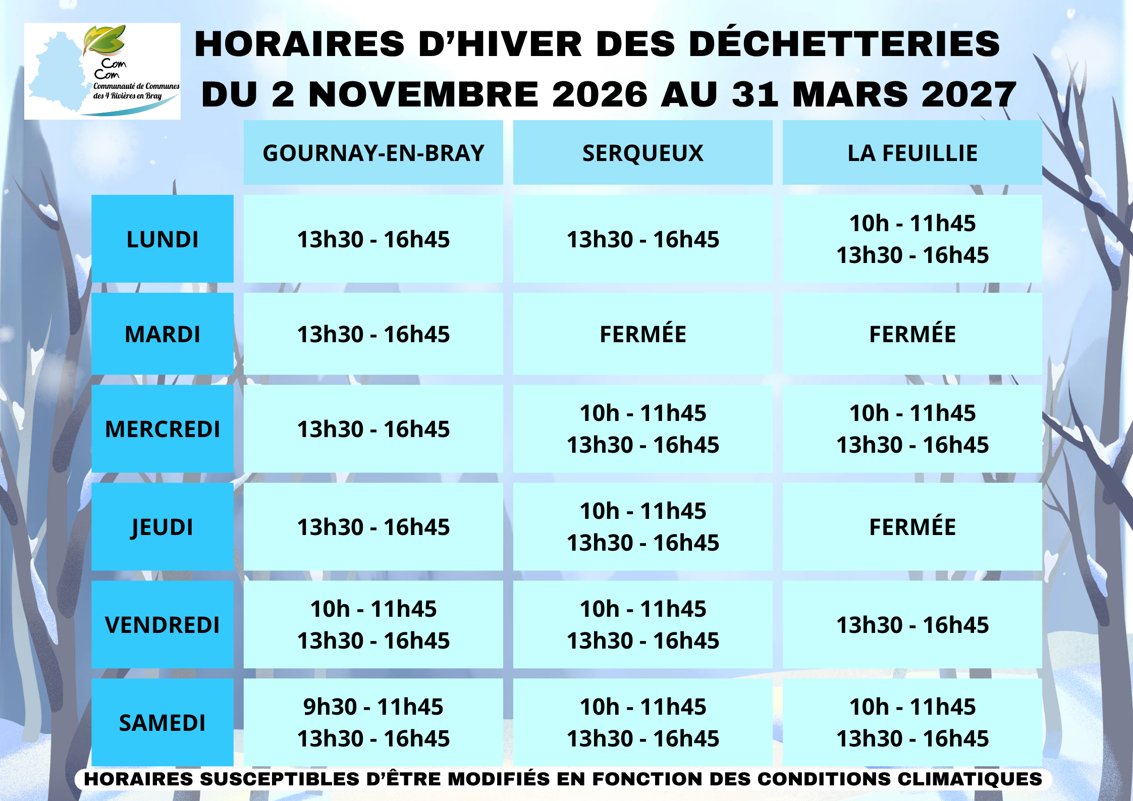 Tableau horaires hiver
