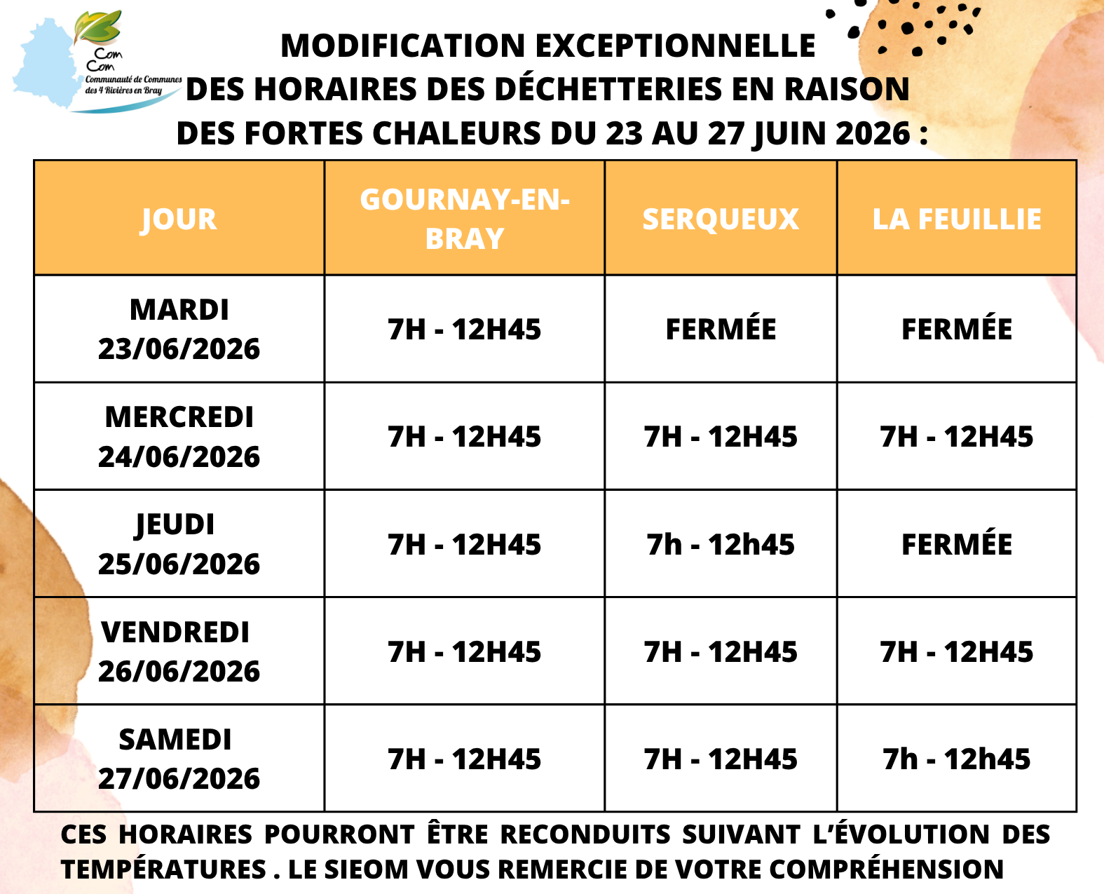Tableau horaires