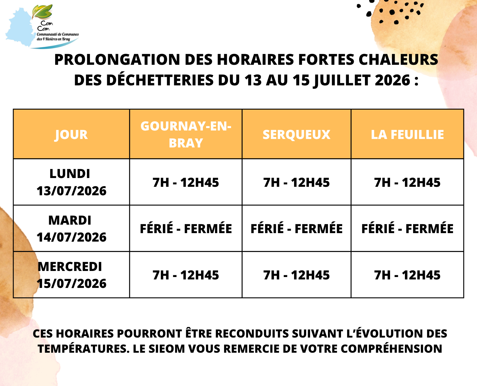 Affiche horaires déchetterie