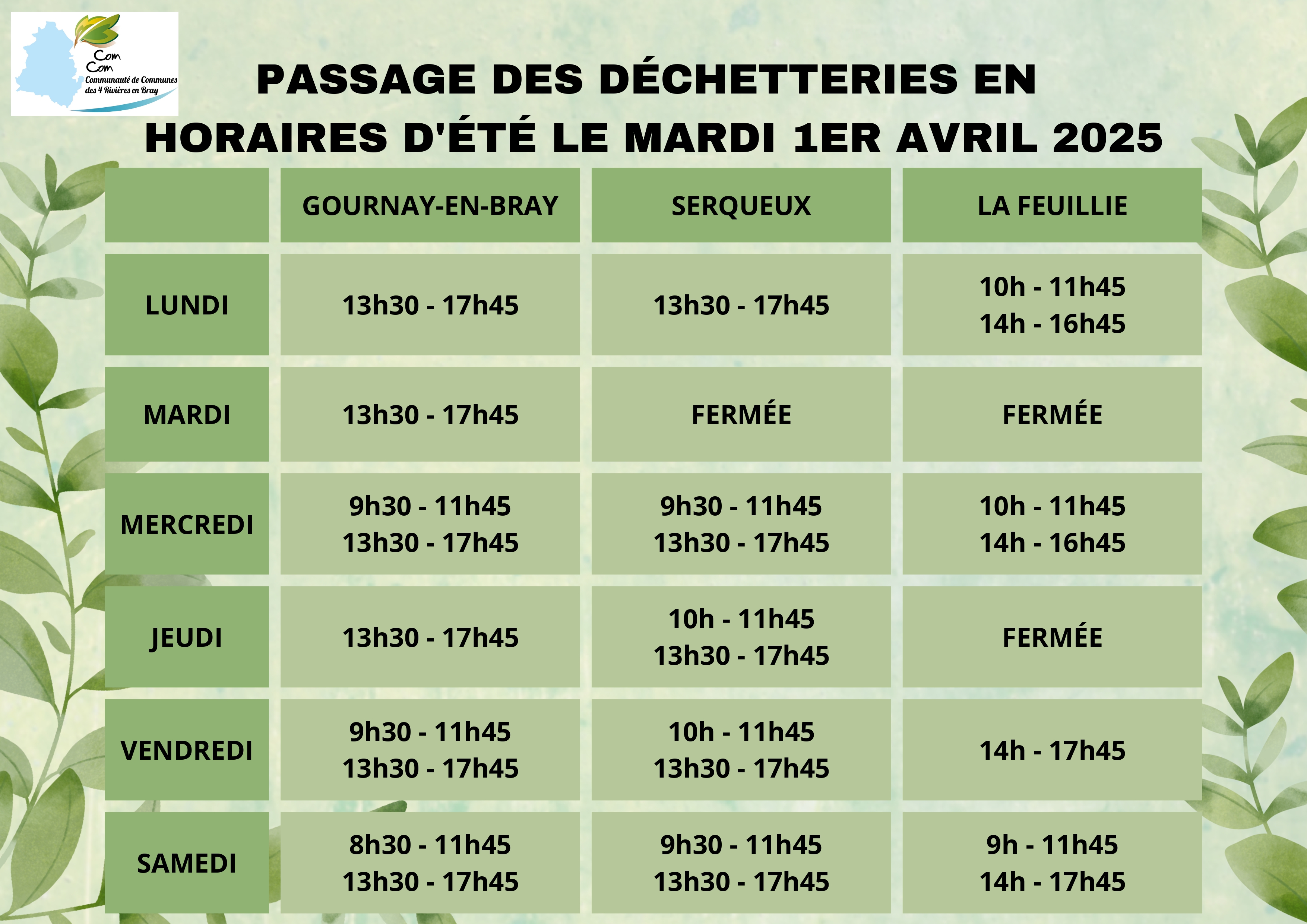 Déchetterie Horaires été
