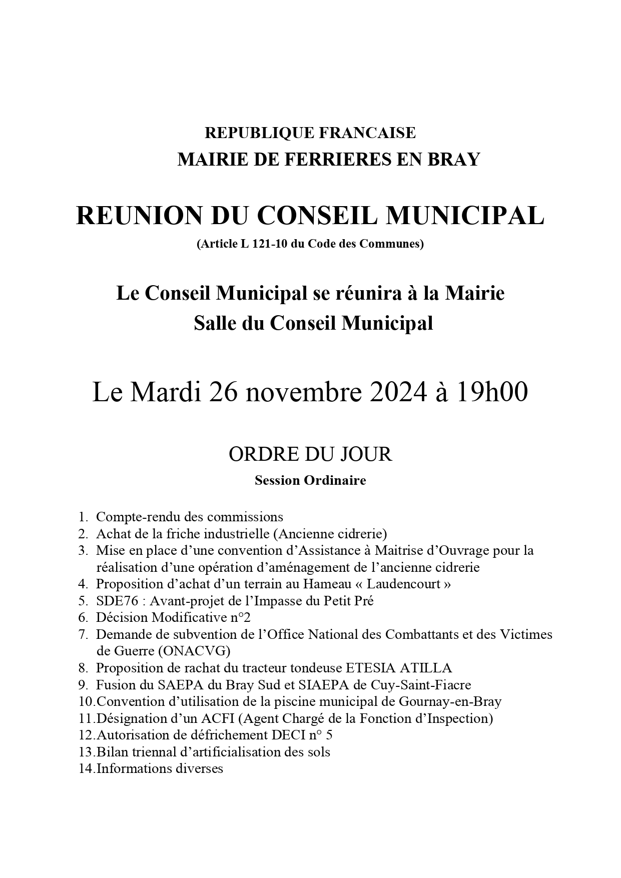 Conseil municipal du 26 novembre 2024
