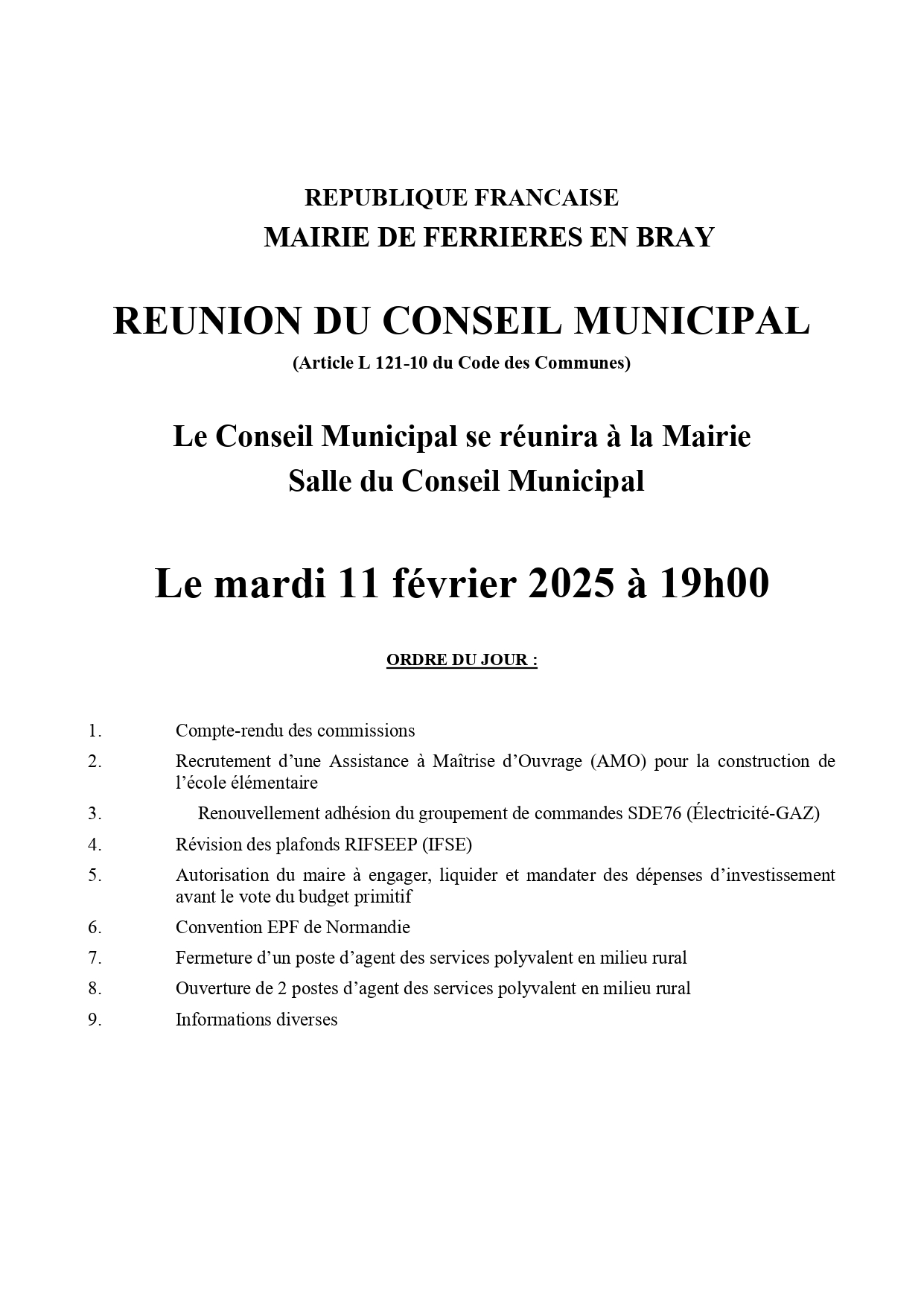 Affiche conseil municipal du 11 février 2025