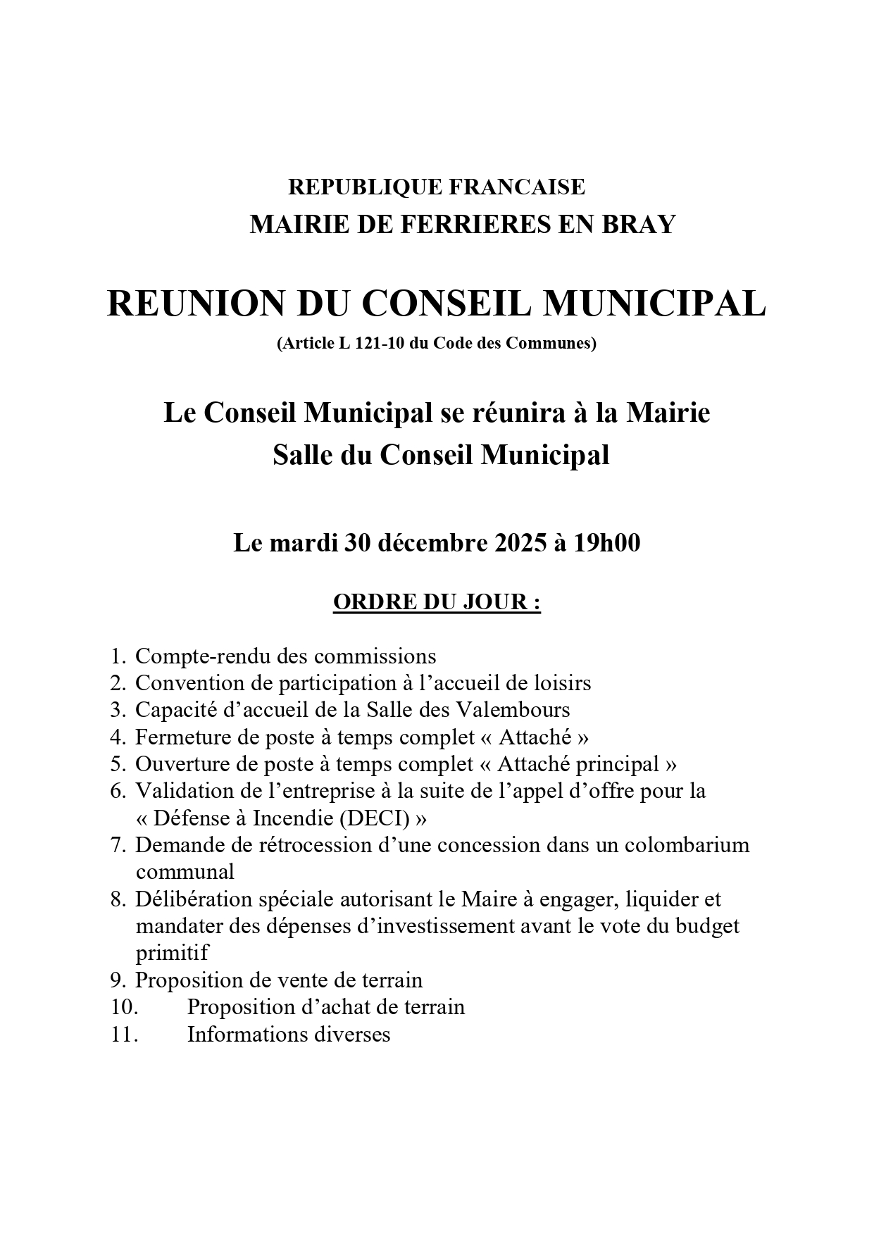 Affiche conseil municipal du 30 décembre 2025
