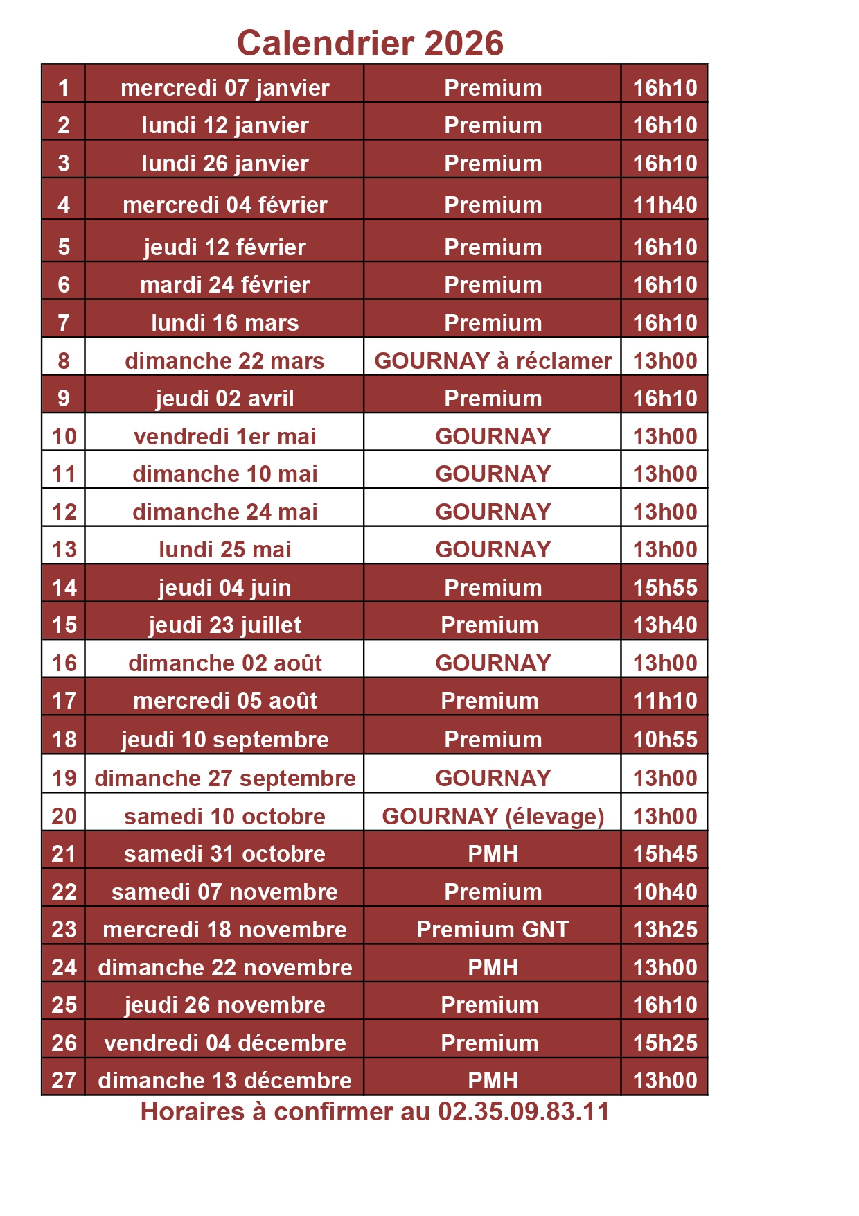 Calendrier 2026 Hippodrome